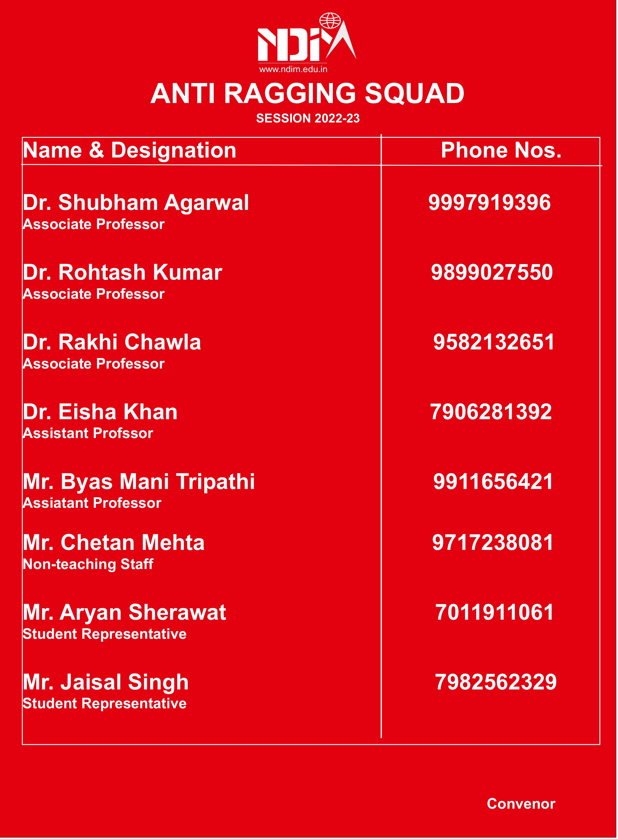 Anti Ragging Committee NDIM Delhi